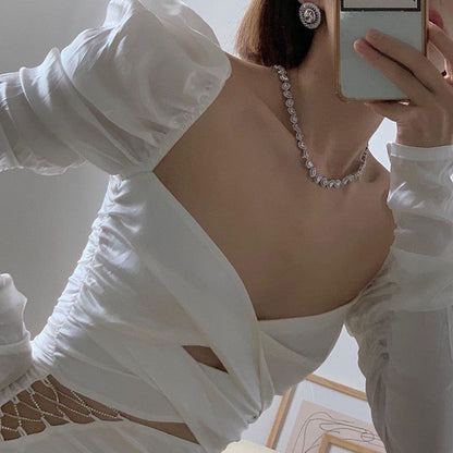 Wide Neck Criss Cross Cutout Ruched Sleeve Chain Lace Mini Dress