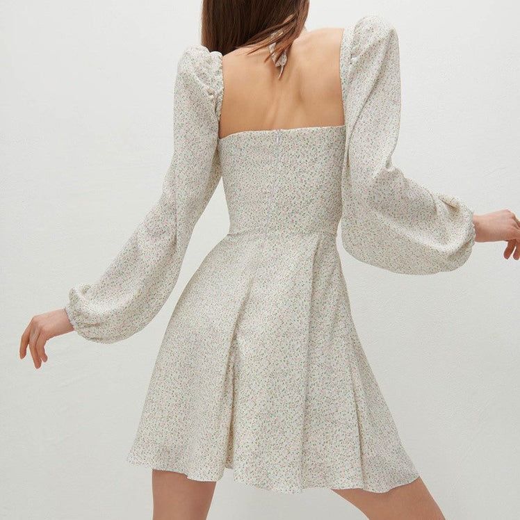 Halter Crossover Strap Puff Sleeve Ditsy Floral Mini Dress