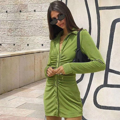 Collared Button Front Ruched Long Sleeve Bodycon Mini Dress