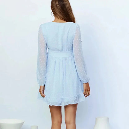 Blue Chiffon Dobby Mini Dress Vintage Button Front Autumn Holiday Women Dress V-neck Ruffle Sheer Sexy Ladies Dresses
