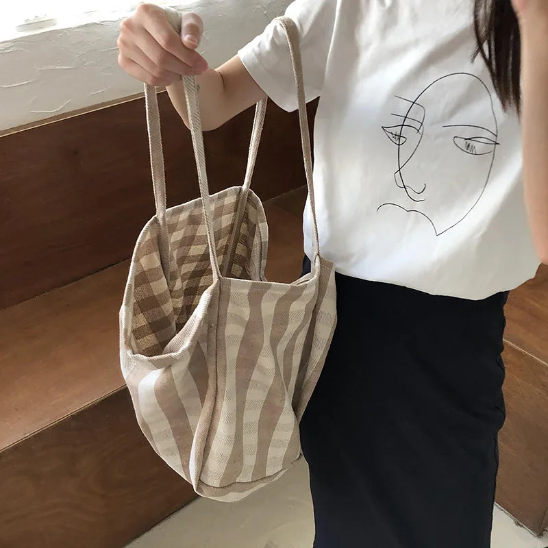 Women Cotton Stripes Shoulder Bag Large Capacity Shoulder Bag Ladies Casual Shopping Handbag