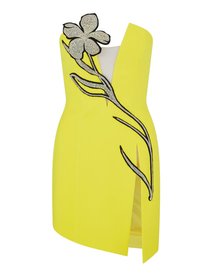 Strapless Floral Vine Applique Bandage Thigh Slit Midi Dress