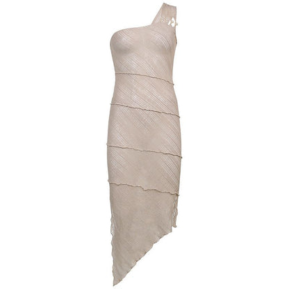 One Shoulder Ribbed Grommet Strap Wavy Seam Lettuce Edge Midi Dress
