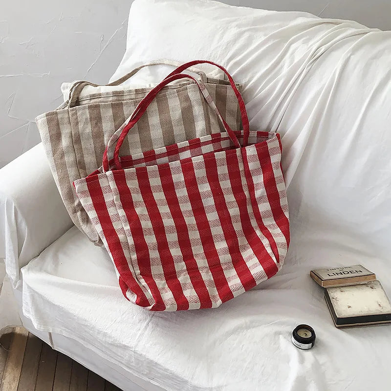Women Cotton Stripes Shoulder Bag Large Capacity Shoulder Bag Ladies Casual Shopping Handbag