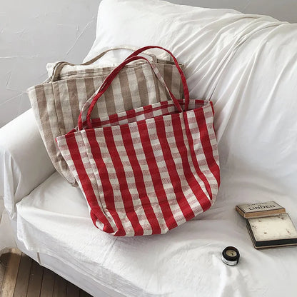 Women Cotton Stripes Shoulder Bag Large Capacity Shoulder Bag Ladies Casual Shopping Handbag