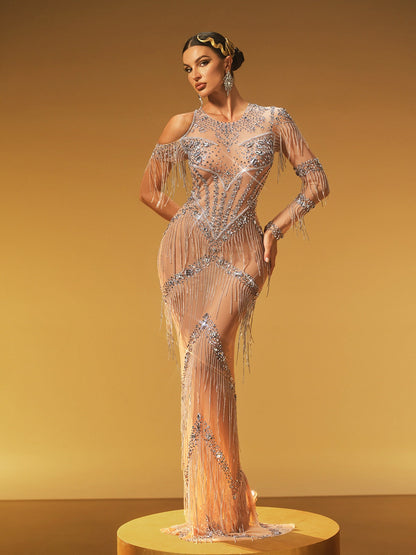 Round Neck Cold Shoulder Beaded Fringe Crystal Mesh Column Gown