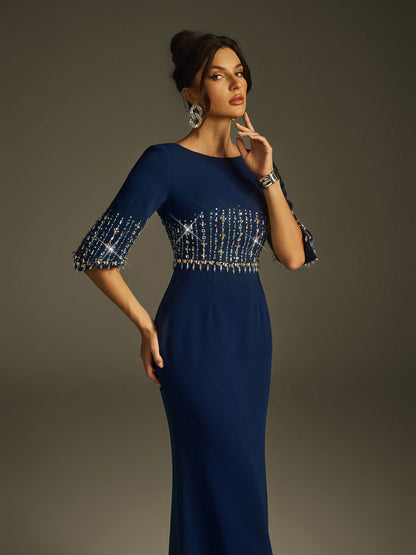 Boat Neck Three Quarter Sleeve Crystal Panel Column Maxi Gown