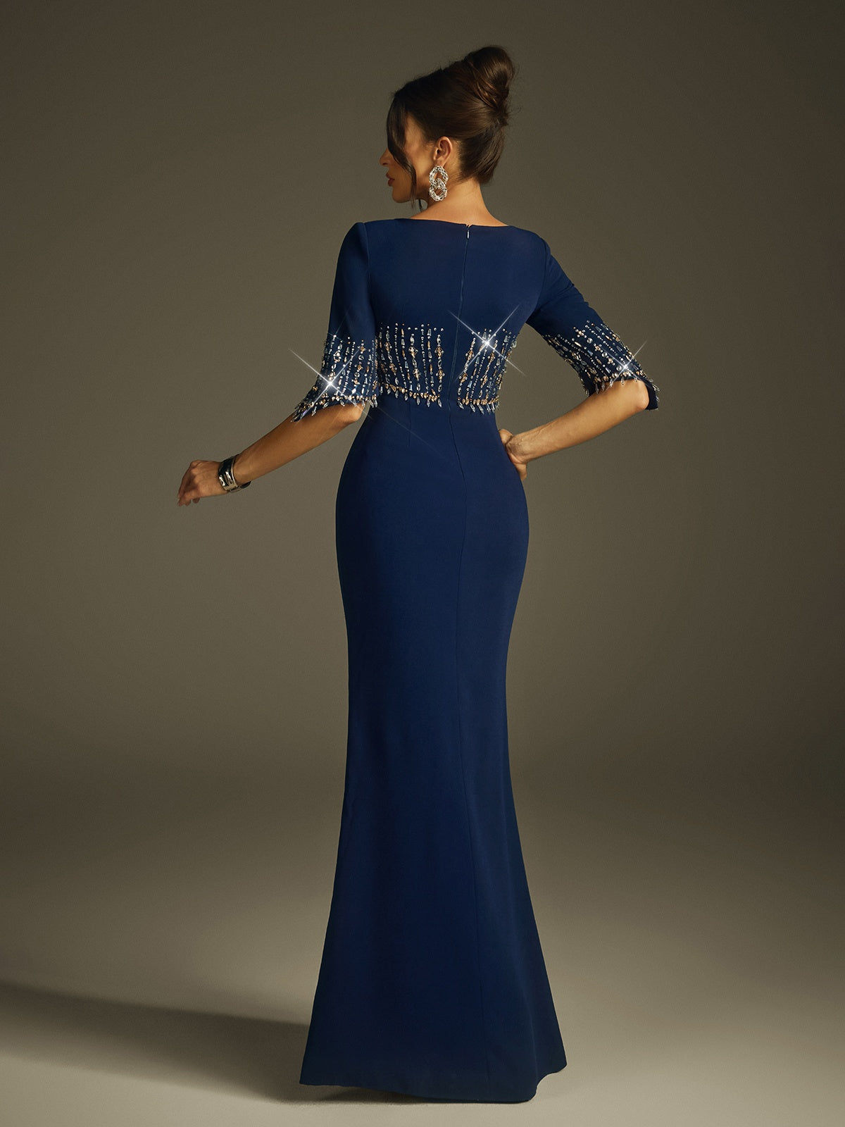 Boat Neck Three Quarter Sleeve Crystal Panel Column Maxi Gown