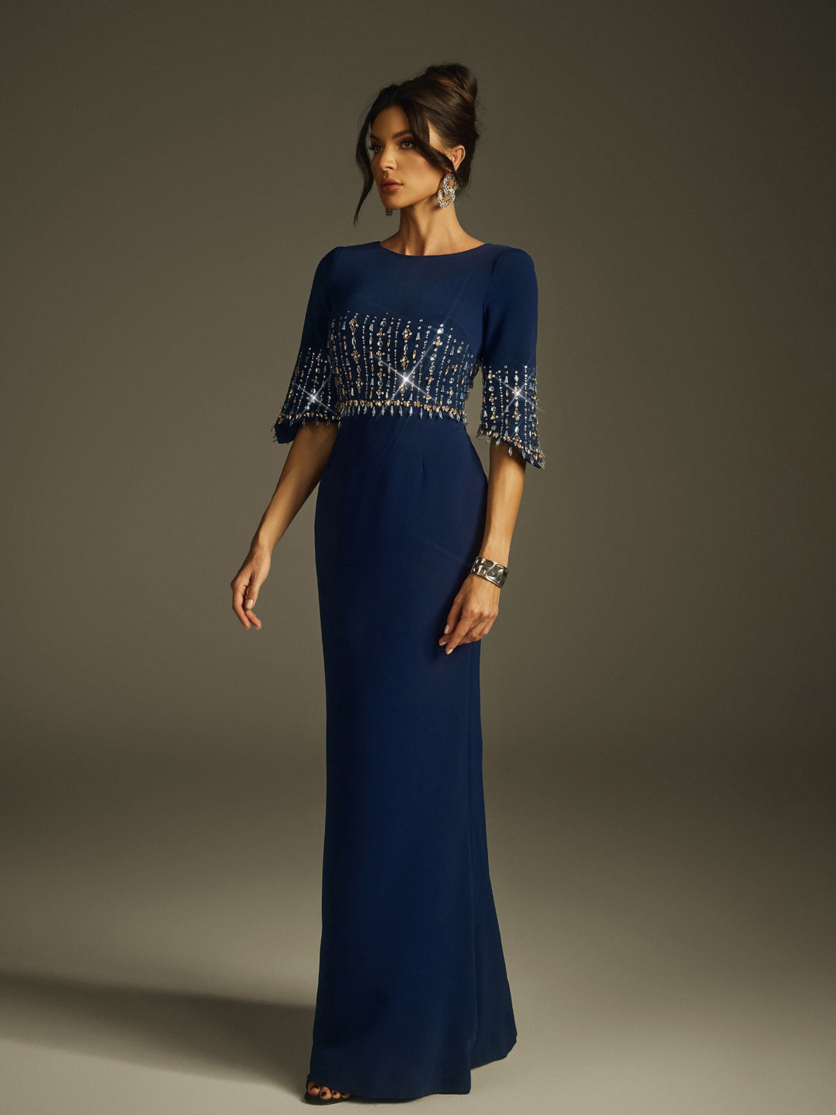 Boat Neck Three Quarter Sleeve Crystal Panel Column Maxi Gown