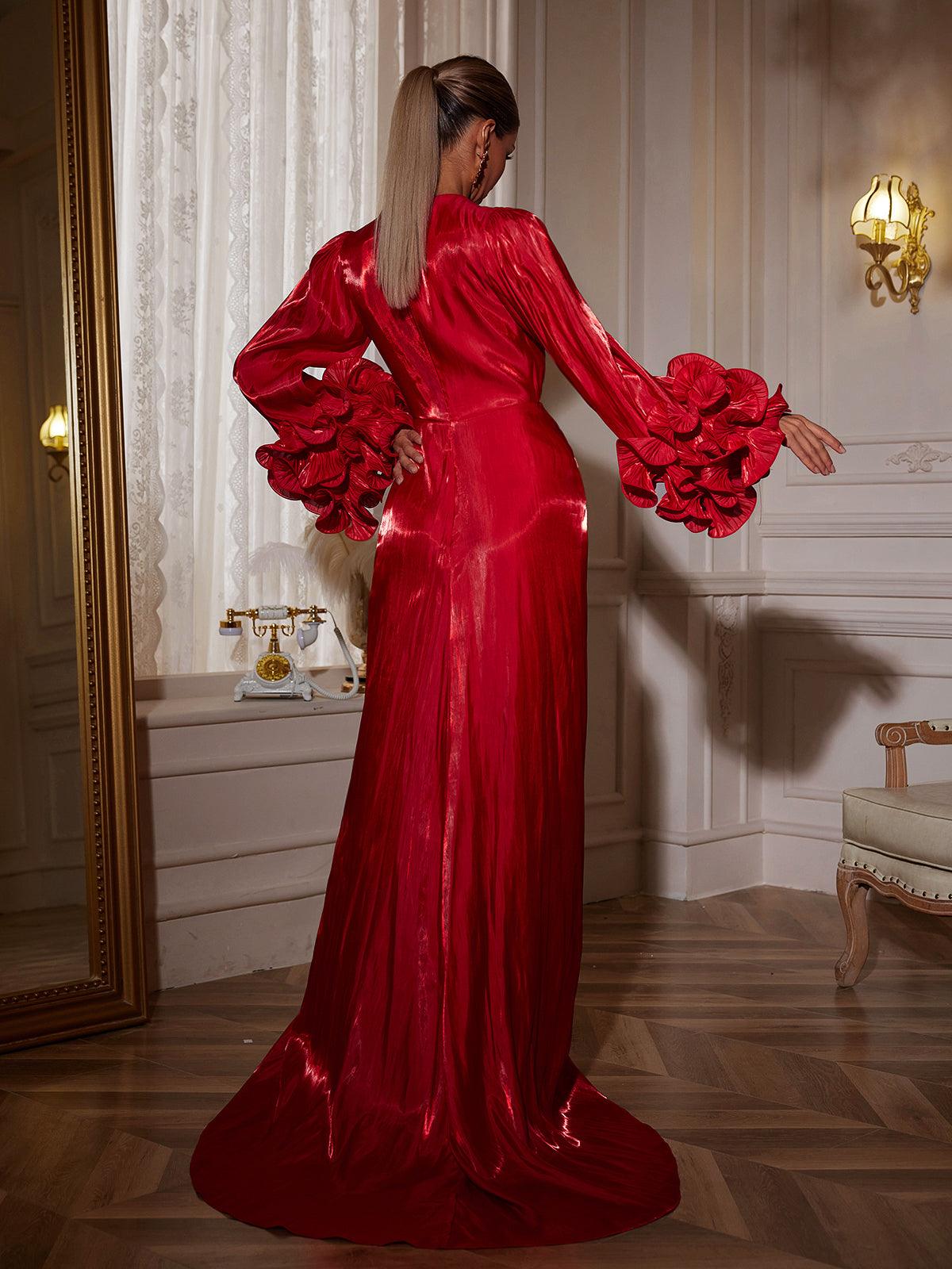 Mock Neck Long Sleeve Ruched Split Column Maxi Dress