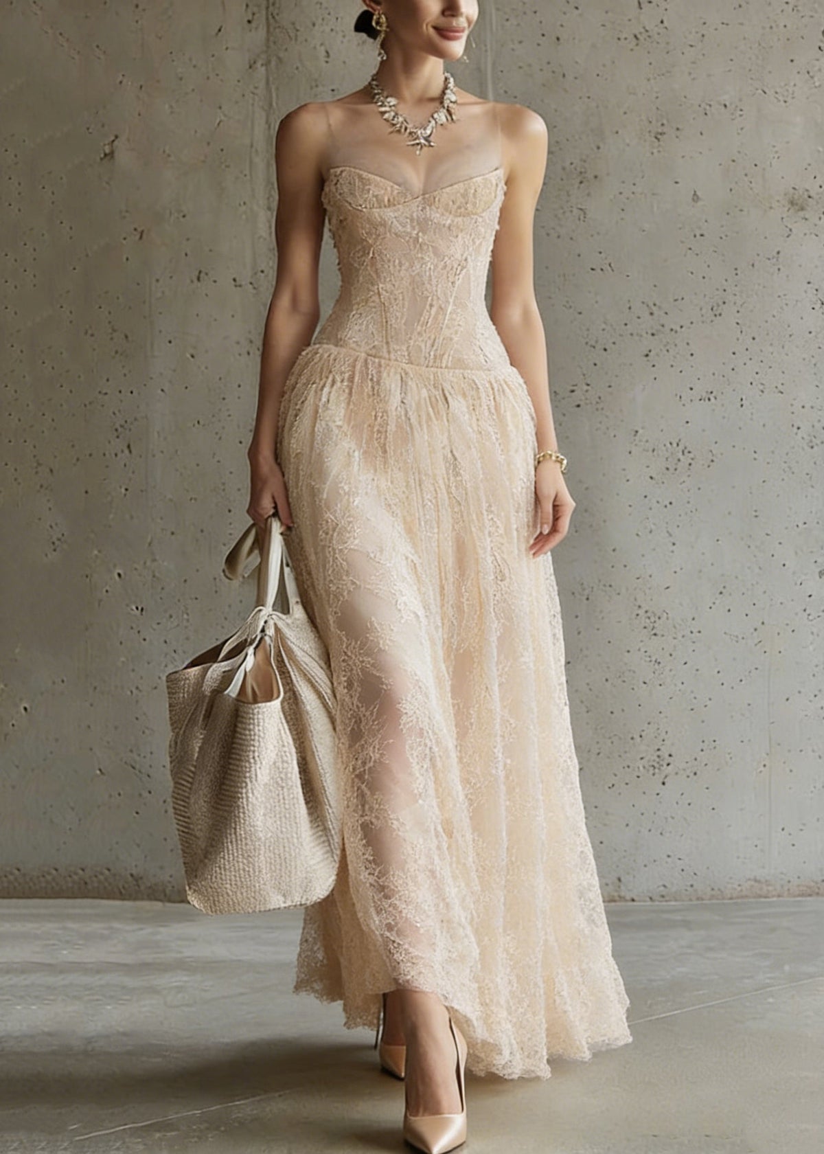 Sweetheart Neck Illusion Mesh Yoke Corset Bodice Floral Lace Maxi Gown