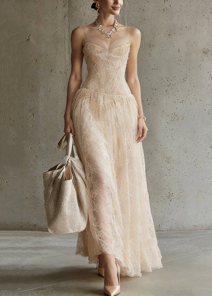 Sweetheart Neck Illusion Mesh Yoke Corset Bodice Floral Lace Maxi Gown
