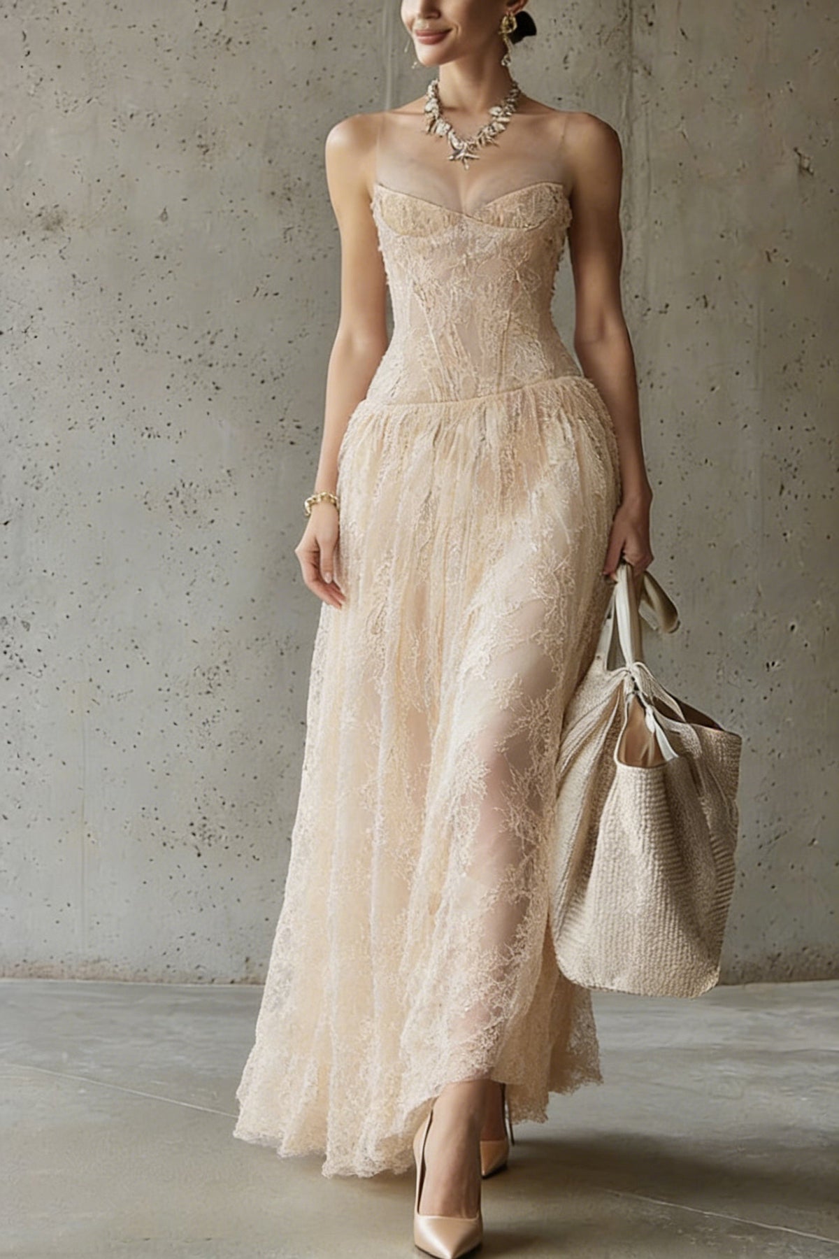 Sweetheart Neck Illusion Mesh Yoke Corset Bodice Floral Lace Maxi Gown