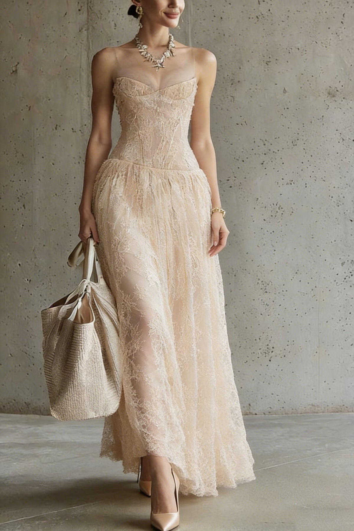 Sweetheart Neck Illusion Mesh Yoke Corset Bodice Floral Lace Maxi Gown