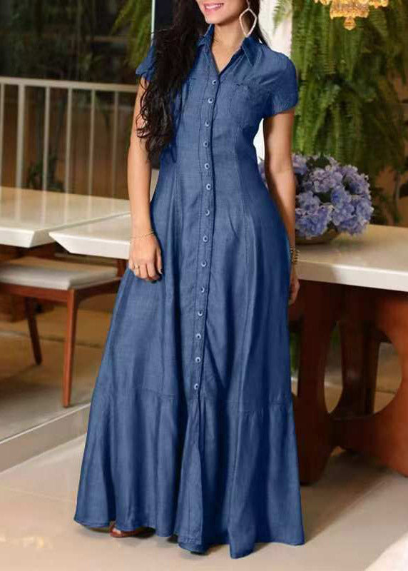 Peter Pan Collar Button Front Denim Fit Flare Maxi Dress
