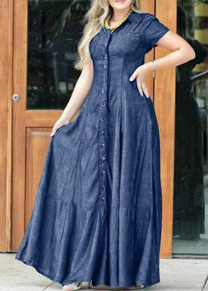 Peter Pan Collar Button Front Denim Fit Flare Maxi Dress