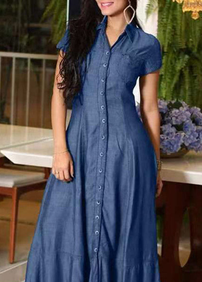 Peter Pan Collar Button Front Denim Fit Flare Maxi Dress