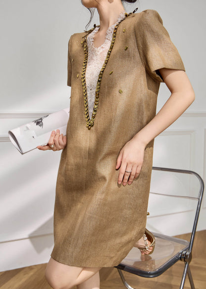 Short Sleeve V-Neck Lace Patchwork Sequin Trim Shimmer Shift Midi Dress