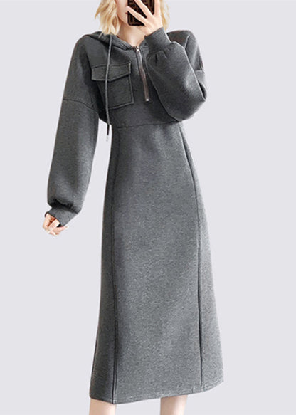Hooded Quarter-Zip Chest Pocket Puff Sleeve Princess Seam Midi Sweatshirt Dress