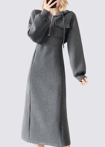 Hooded Quarter-Zip Chest Pocket Puff Sleeve Princess Seam Midi Sweatshirt Dress