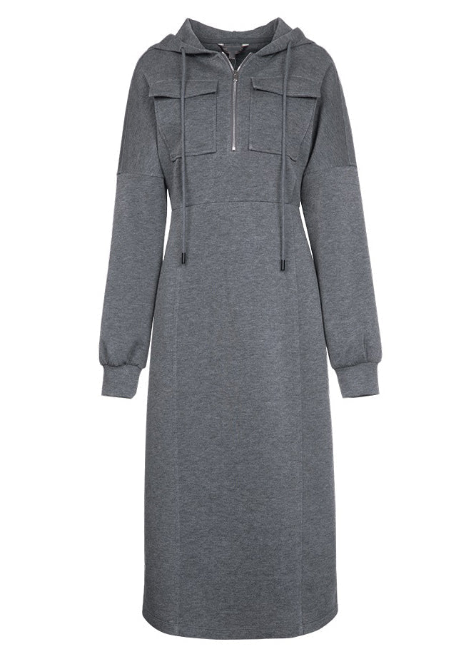 Hooded Quarter-Zip Chest Pocket Puff Sleeve Princess Seam Midi Sweatshirt Dress