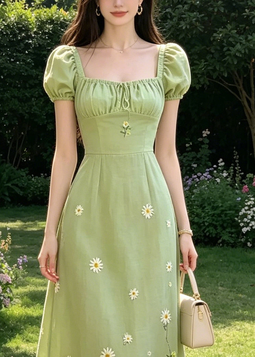 Square Neck Drawstring Ruched Puff Sleeve Daisy Embroidery Linen Midi Dress