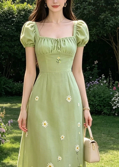 Square Neck Drawstring Ruched Puff Sleeve Daisy Embroidery Linen Midi Dress