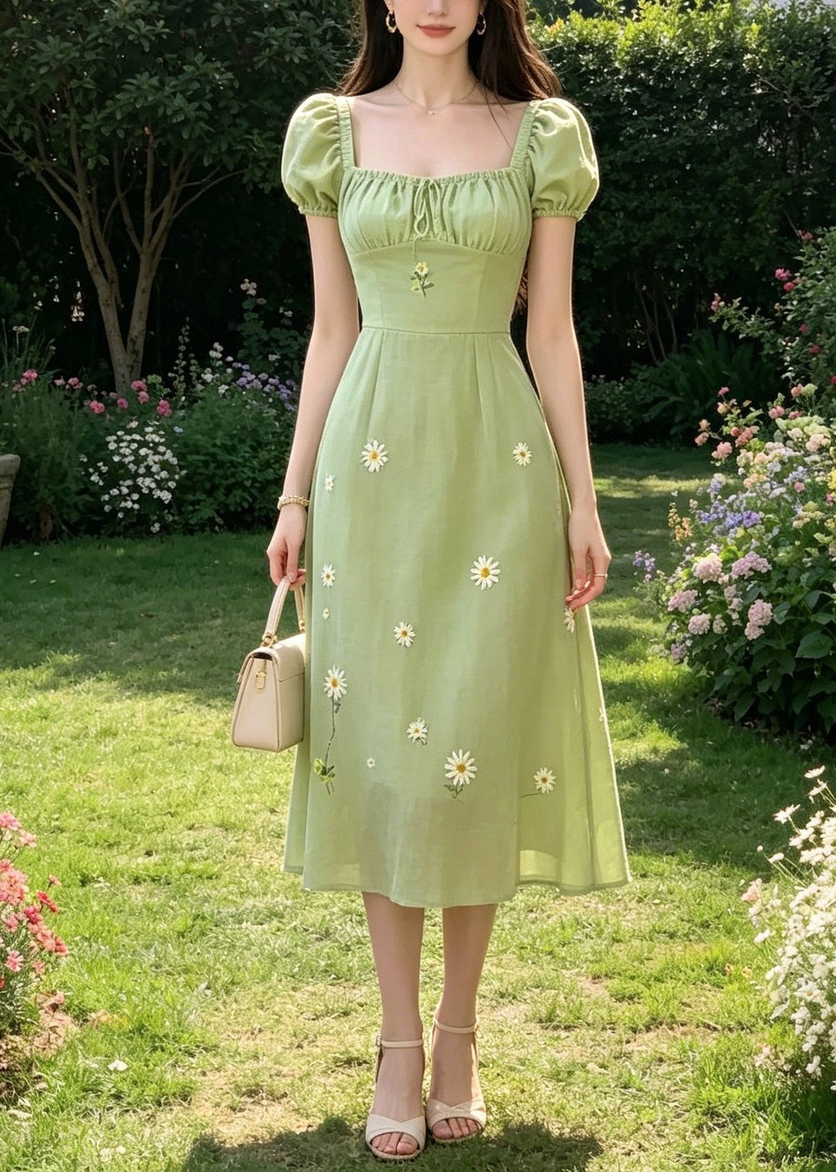 Square Neck Drawstring Ruched Puff Sleeve Daisy Embroidery Linen Midi Dress