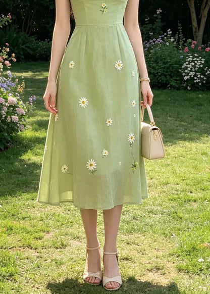 Square Neck Drawstring Ruched Puff Sleeve Daisy Embroidery Linen Midi Dress
