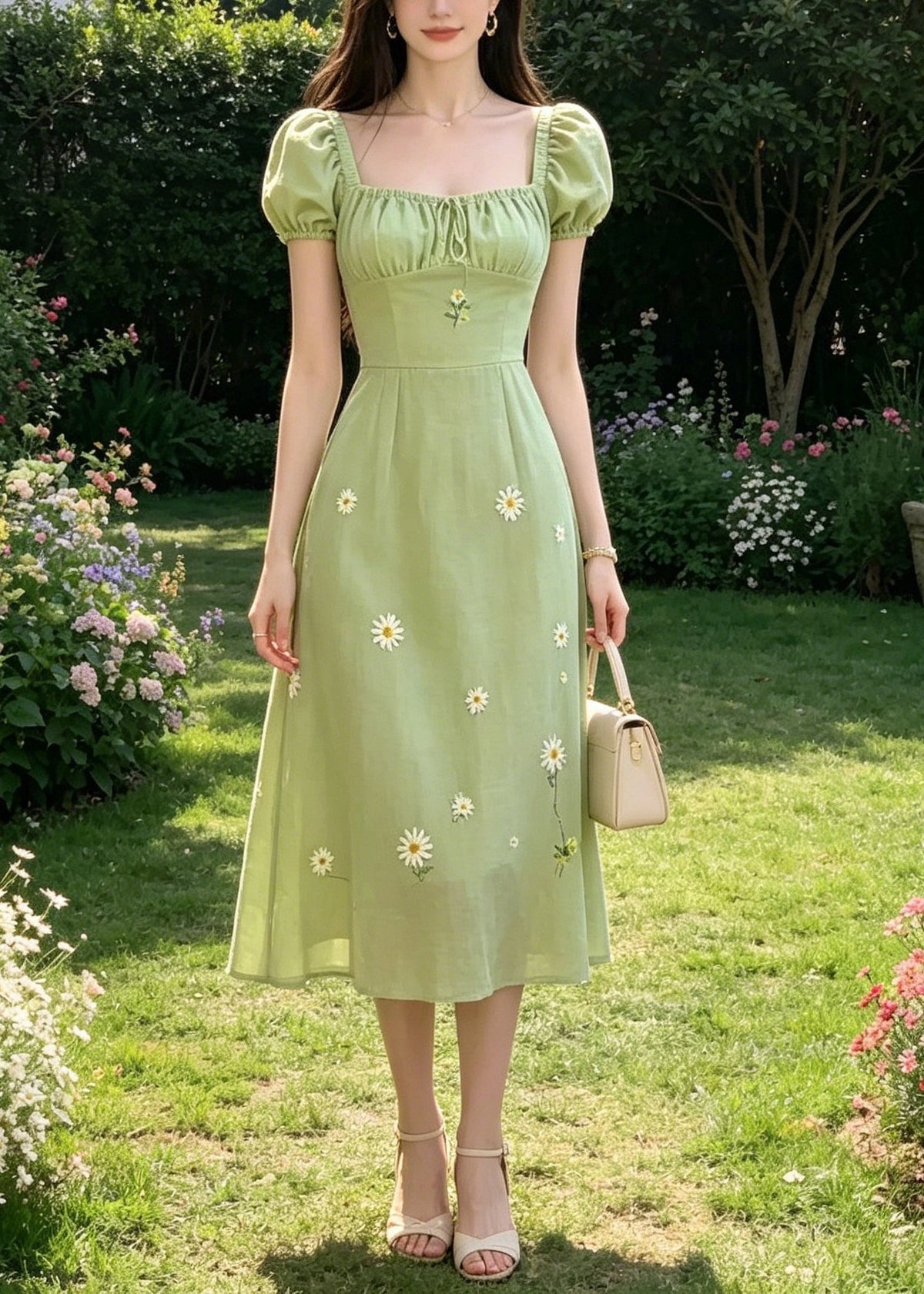 Square Neck Drawstring Ruched Puff Sleeve Daisy Embroidery Linen Midi Dress
