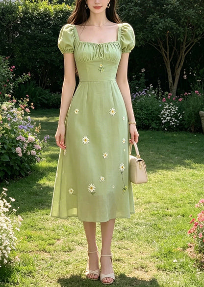 Square Neck Drawstring Ruched Puff Sleeve Daisy Embroidery Linen Midi Dress