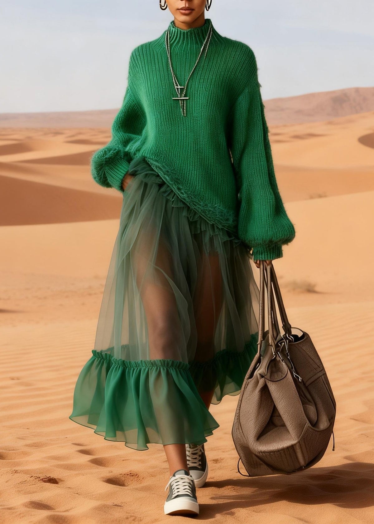 Mock Neck Rib Knit Balloon Sleeve Tiered Tulle Maxi Dress