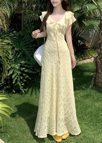 Deep V Neck Ruffle Collar Tie Front Floral Texture A Line Maxi Dress