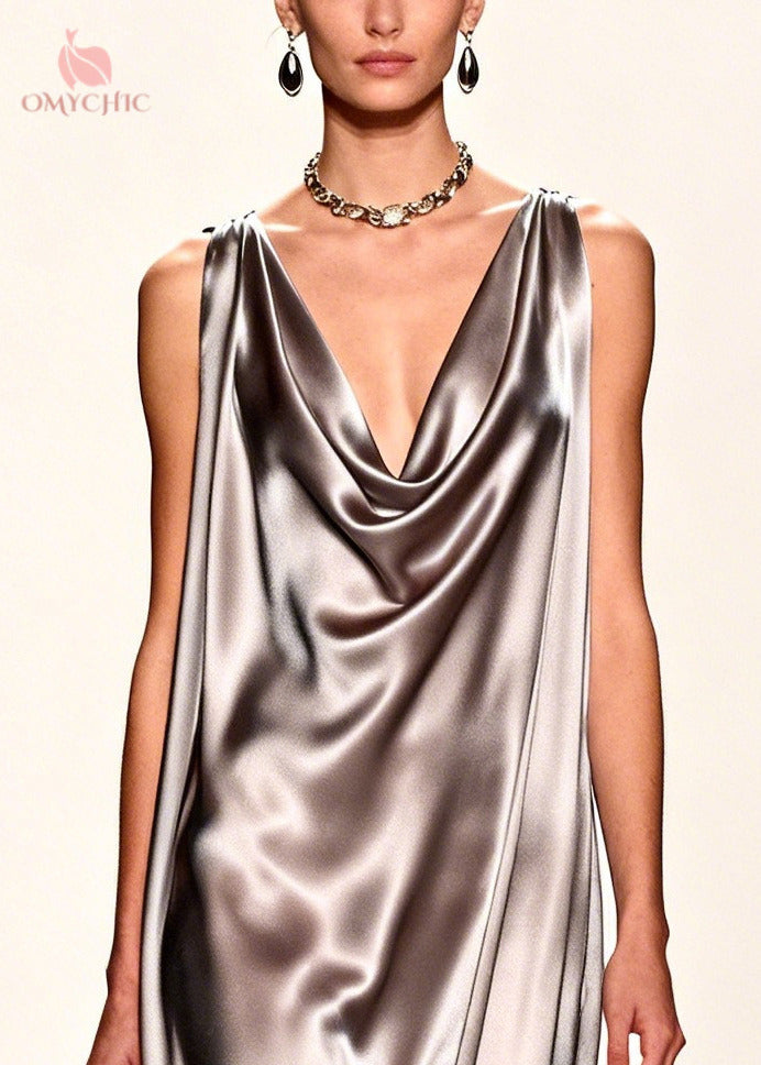 Cowl Neck Asymmetric Hem 3D Floral Applique Satin Slip Maxi Dress