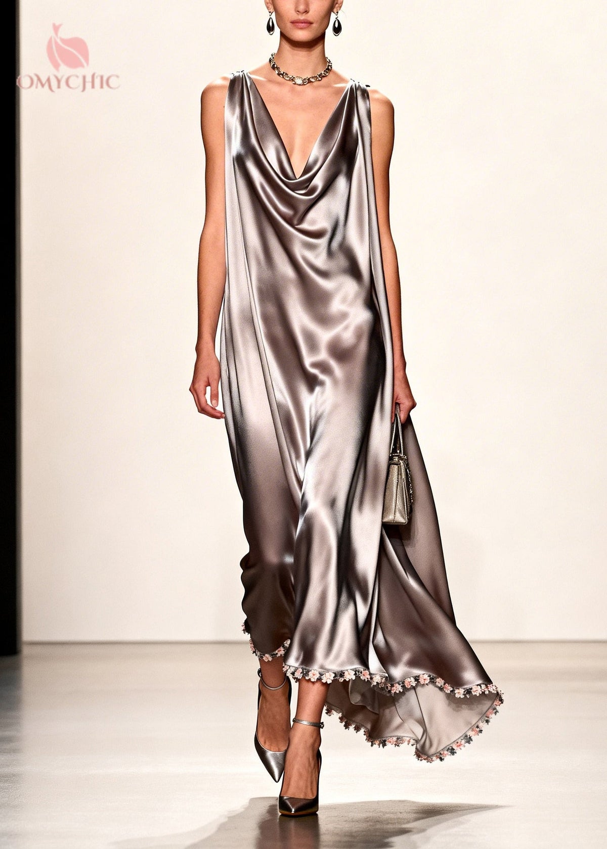 Cowl Neck Asymmetric Hem 3D Floral Applique Satin Slip Maxi Dress