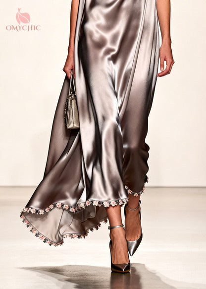 Cowl Neck Asymmetric Hem 3D Floral Applique Satin Slip Maxi Dress