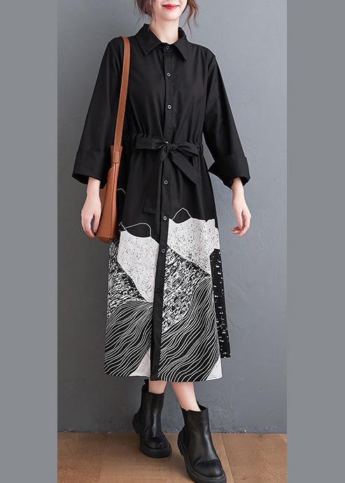 Collared Button Down Drawstring Waist Abstract Print Midi Dress
