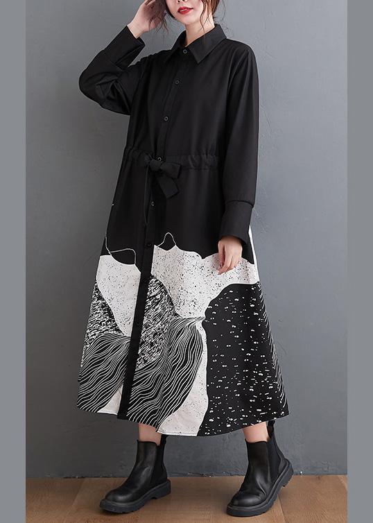 Collared Button Down Drawstring Waist Abstract Print Midi Dress