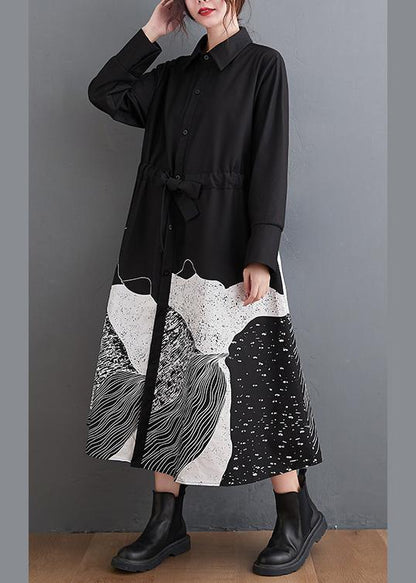 Collared Button Down Drawstring Waist Abstract Print Midi Dress