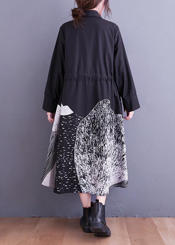 Collared Button Down Drawstring Waist Abstract Print Midi Dress