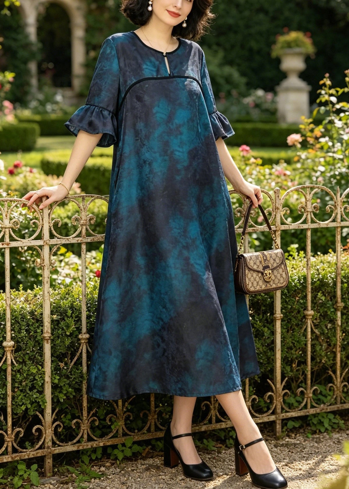 Round Neck Ruffle Cuff Tie-Dye Print A-Line Midi Dress