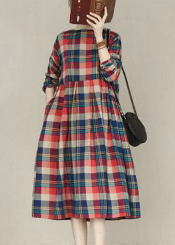 Round Neck Long Sleeve Plaid Check Empire Waist Maxi Dress