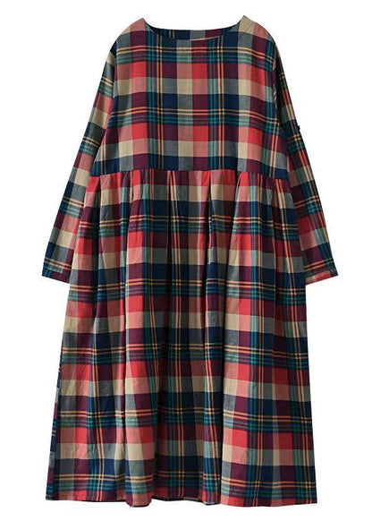 Round Neck Long Sleeve Plaid Check Empire Waist Maxi Dress