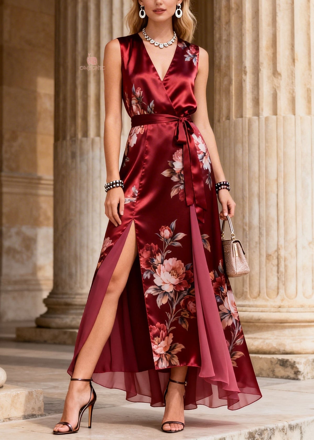 Sleeveless Deep V-Neck Wrap Belt Double Slit High-Low Floral Print Maxi Gown