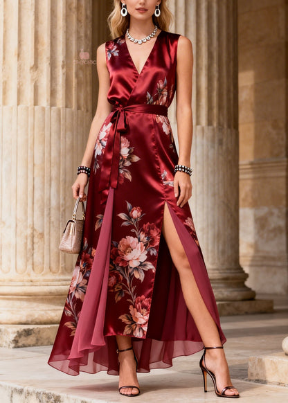Sleeveless Deep V-Neck Wrap Belt Double Slit High-Low Floral Print Maxi Gown