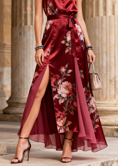 Sleeveless Deep V-Neck Wrap Belt Double Slit High-Low Floral Print Maxi Gown
