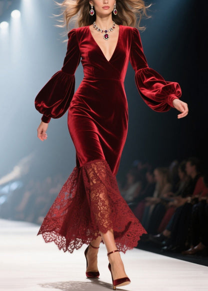 Deep V-Neck Puff Sleeve Lace Trim Scalloped Hem Velvet Maxi Gown