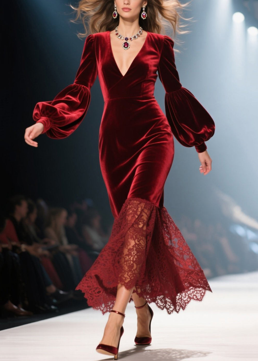 Deep V-Neck Puff Sleeve Lace Trim Scalloped Hem Velvet Maxi Gown