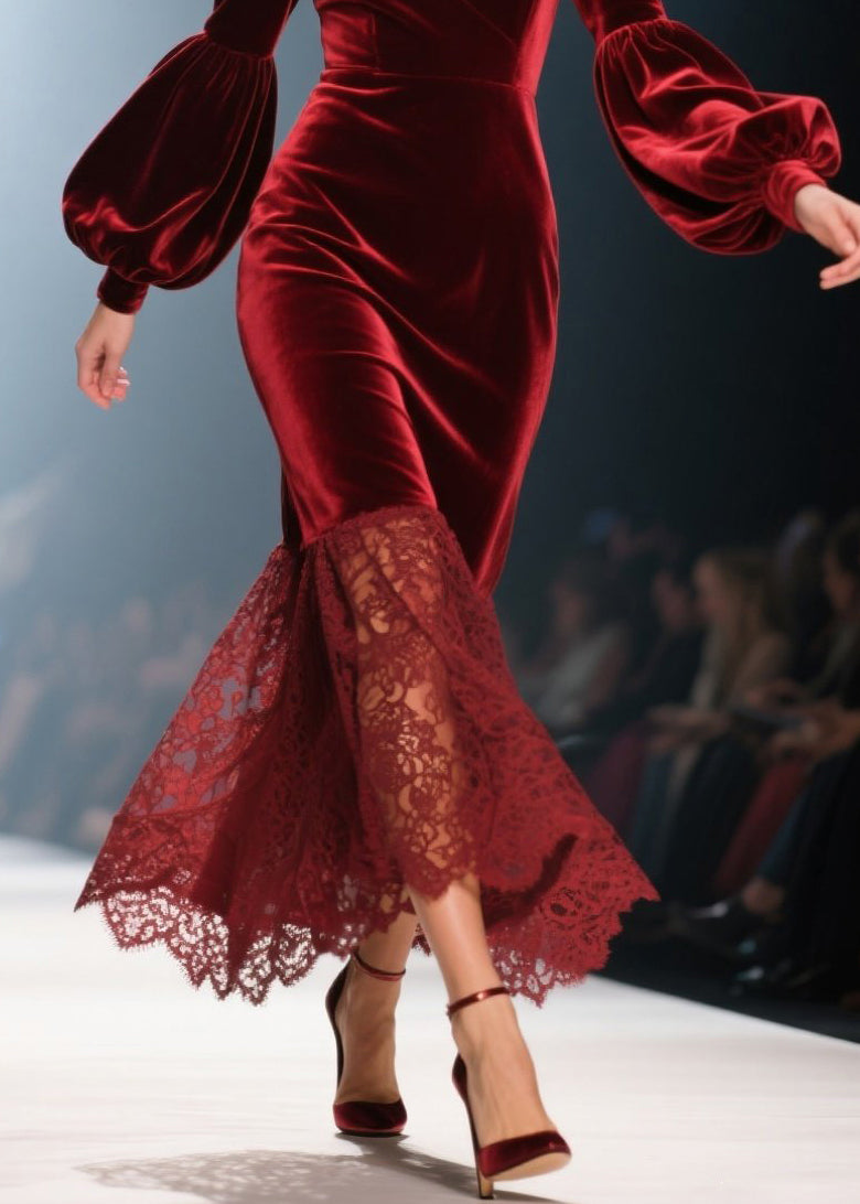 Deep V-Neck Puff Sleeve Lace Trim Scalloped Hem Velvet Maxi Gown