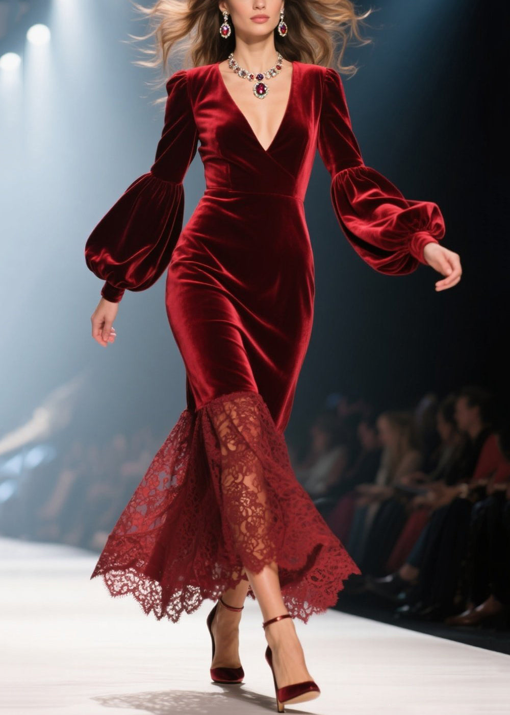 Deep V-Neck Puff Sleeve Lace Trim Scalloped Hem Velvet Maxi Gown